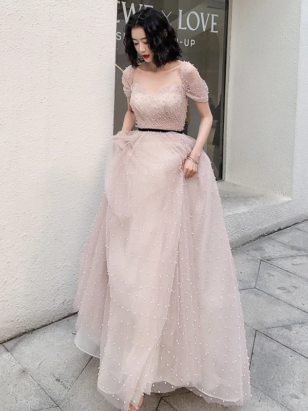 Charming Blushing Pink Pearl Prom Dresses 2021 A-Line / Princess Square Neckline Short Sleeve Backless Floor-Length / Long Formal Dresses