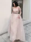 Charming Blushing Pink Pearl Prom Dresses 2021 A-Line / Princess Square Neckline Short Sleeve Backless Floor-Length / Long Formal Dresses