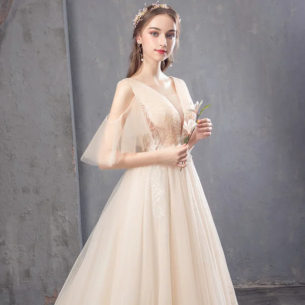 Elegant Champagne Wedding Dresses 2019 A-Line / Princess V-Neck Beading Lace Flower Short Sleeve Backless Chapel Train