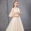 Elegant Champagne Wedding Dresses 2019 A-Line / Princess V-Neck Beading Lace Flower Short Sleeve Backless Chapel Train