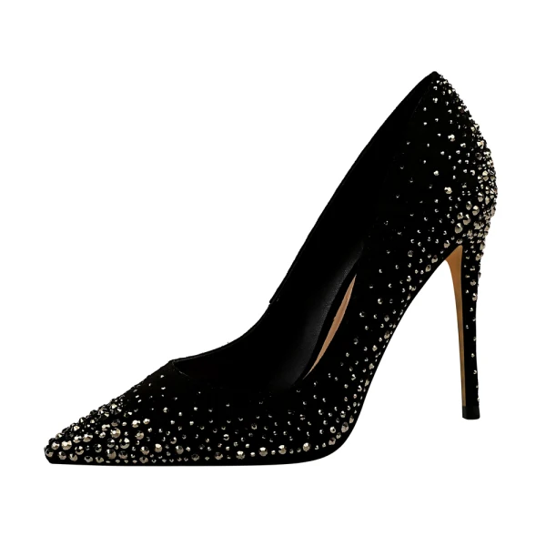 Mooie / Prachtige Zwarte Avond Pumps 2019 Suede Rhinestone 10 cm Naaldhakken / Stiletto Spitse Neus Pumps