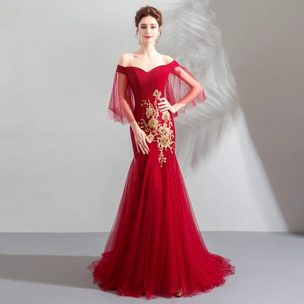 Chic / Belle Rouge Robe De Soirée 2019 Trompette / Sirène De l'épaule Paillettes En Dentelle Fleur Manches Courtes Dos Nu Train De Balayage Robe De Ceremonie