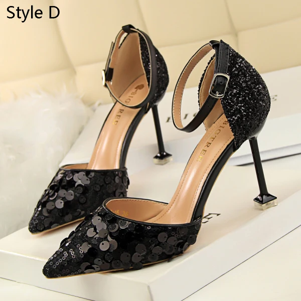 Affordable Silver Casual Womens Shoes 2019 Ankle Strap Sequins 9 cm Stiletto Heels Pointed Toe High Heels