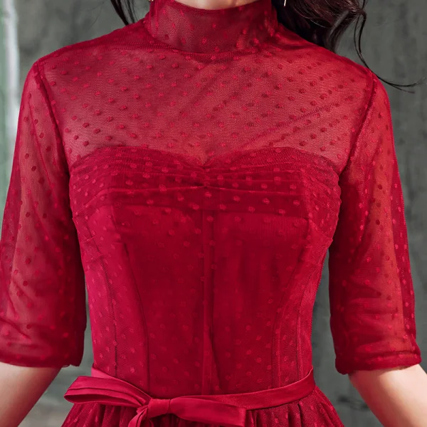 Chic / Beautiful Burgundy Evening Dresses 2019 A-Line / Princess High Neck Spotted Bow 1/2 Sleeves Floor-Length / Long Formal Dresses