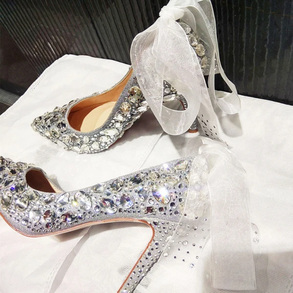 Charmant Argenté Chaussure De Mariée 2019 Noeud Faux Diamant Paillettes 10 cm Talons Aiguilles À Bout Pointu Mariage Escarpins