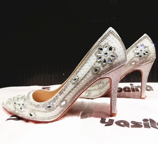 Chic / Beautiful Silver Wedding Shoes 2019 Crystal Rhinestone 9 cm Stiletto Heels Pointed Toe Wedding Pumps