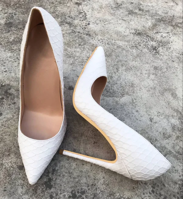 Schöne Weiß Freizeit Pumps 2019 Schlangenhautmuster 12 cm Stilettos Spitzschuh Pumps