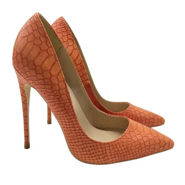 Snygga / Fina Apelsin Casual Läder Pumps 2019 Snakeskin Trycket 12 cm Stilettklackar Spetsiga Pumps