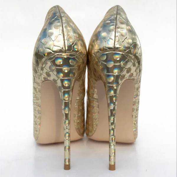 Schöne Gold Laser Freizeit Pumps 2019 Leder 12 cm Stilettos Spitzschuh Pumps