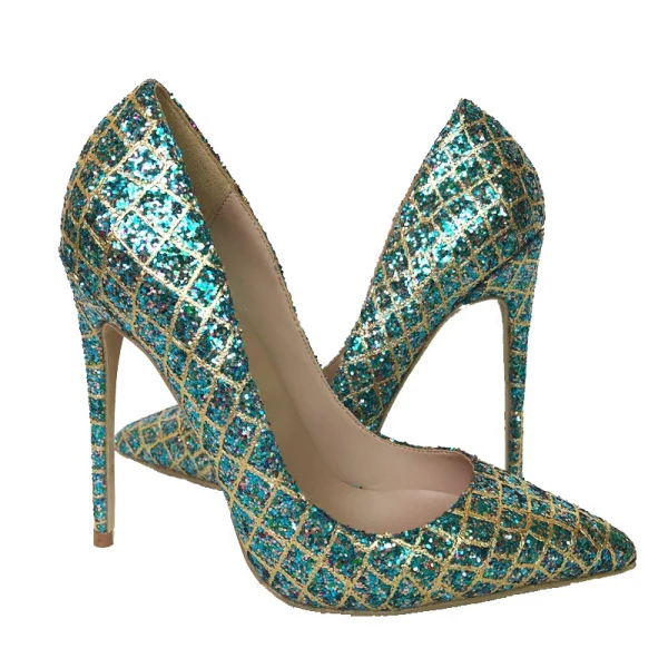 Glitzernden Jägergrün Abend Pumps 2019 Leder Pailletten 12 cm Stilettos Spitzschuh Pumps