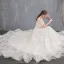 Élégant Champagne Robe De Mariée 2018 Princesse En Dentelle Appliques Encolure Dégagée Dos Nu Manches Courtes Chapel Train Mariage
