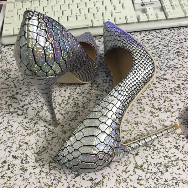 Amazing / Unique Silver Rave Club Pumps 2019 Snakeskin Print Leather 12 cm Stiletto Heels Pointed Toe Pumps