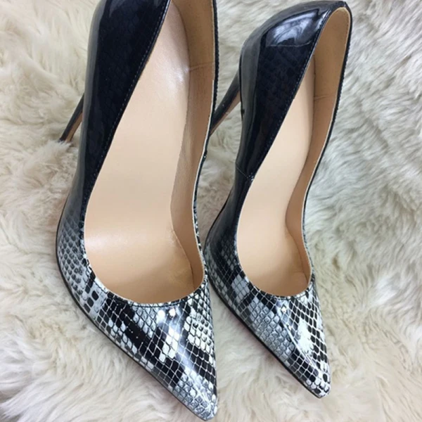 Fine Svart Casual Pumps 2019 Lær Slangeskinn Print 12 cm Stiletthæler Spisse Pumps