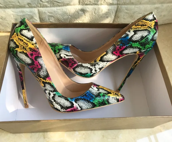 Unieke Multi-Kleuren Straatkleding Pumps 2019 Leer Slangenprint 12 cm Naaldhakken / Stiletto Spitse Neus Pumps