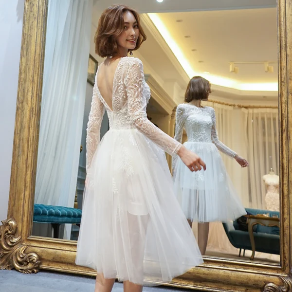Chic / Beautiful White Beach Wedding Dresses 2018 A-Line / Princess Lace Flower Scoop Neck Backless Long Sleeve Tea-length Wedding