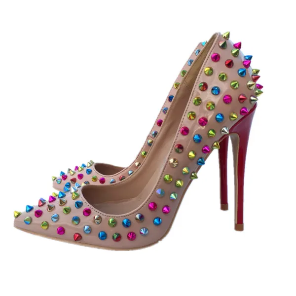 Schöne Nude Abend Pumps 2019 Leder Multifarben Niet 12 cm Stilettos Spitzschuh Pumps