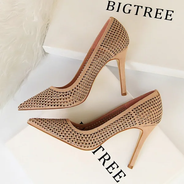 Schöne Schwarz Freizeit Durchbohrt Pumps 2019 Wildleder Strass 9 cm Stilettos Spitzschuh Pumps