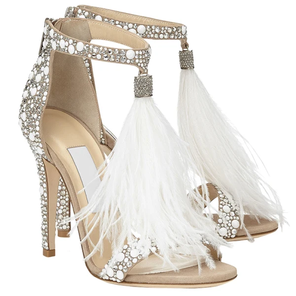 Charmant Beige Brautschuhe 2019 Strass Feder 9 cm Stilettos Peeptoes Hochzeit Hochhackige