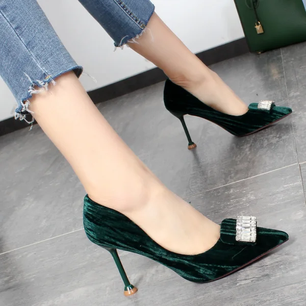 Schöne Dunkelgrün Freizeit Wildleder Pumps 2019 Strass 8 cm Stilettos Spitzschuh Pumps