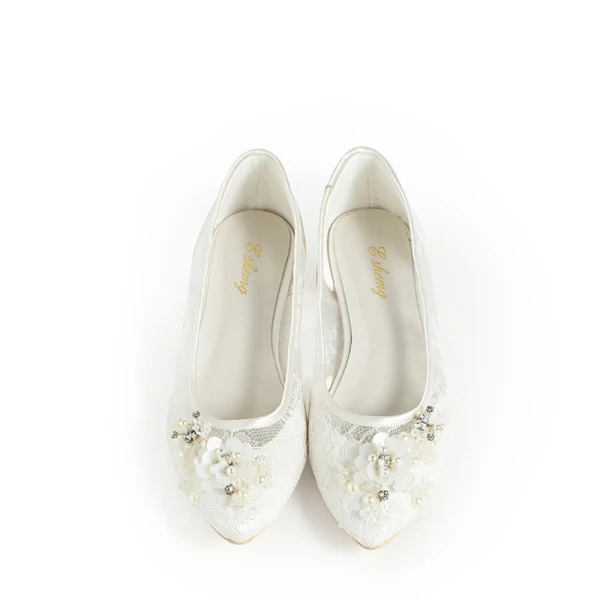 Elegante Weiß Brautschuhe 2019 Spitze Perle Strass Pailletten Spitzschuh Hochzeit High Heels