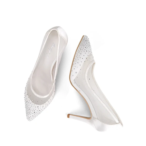 Elegant White Wedding Shoes 2019 Leather Rhinestone 8 cm Stiletto Heels Pointed Toe Wedding Pumps