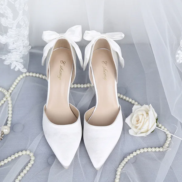 Eleganckie Białe Buty Ślubne 2019 Skórzany Satyna Kokarda 8 cm Szpilki Szpiczaste Ślub Czółenka