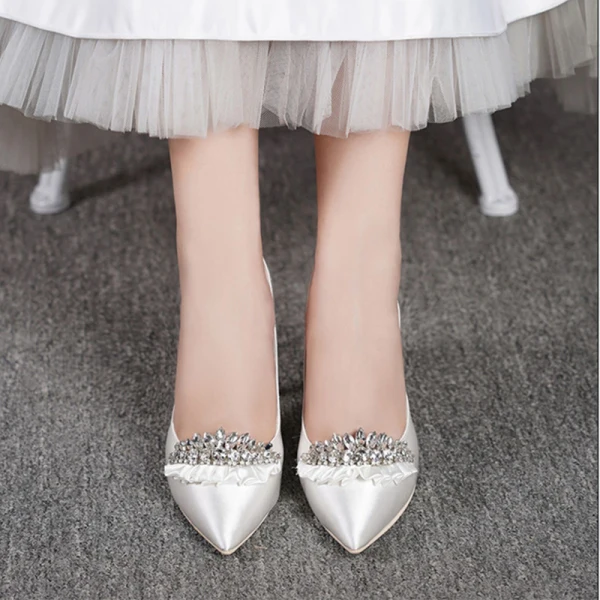 Luxury / Gorgeous White Wedding Shoes 2019 Leather Rhinestone 8 cm Stiletto Heels Pointed Toe Wedding Pumps