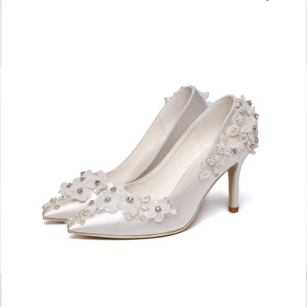 Luxury / Gorgeous White Wedding Shoes 2019 Leather Appliques Pearl Rhinestone 8 cm Stiletto Heels Pointed Toe Wedding Pumps