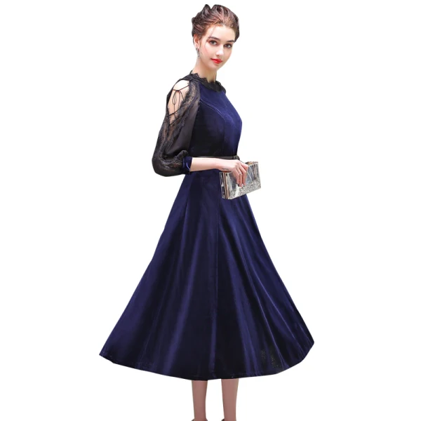 Elegant Dark Green Evening Dresses  2019 A-Line / Princess Suede Sash Scoop Neck 3/4 Sleeve Tea-length Formal Dresses