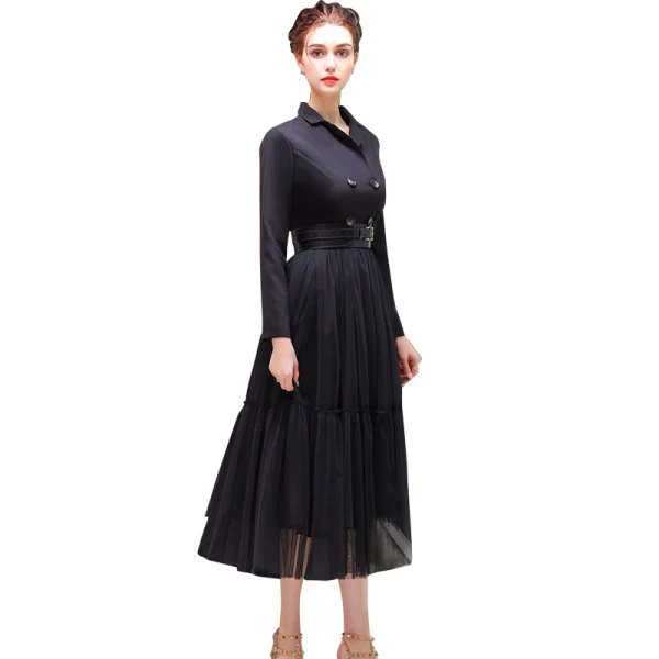 Elegant Black Evening Dresses  2019 A-Line / Princess V-Neck Sash Long Sleeve Tea-length Formal Dresses