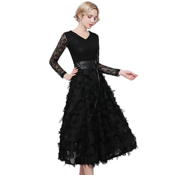 Elegant Black Evening Dresses 2019 A-Line / Princess V-Neck Lace Tassel Bow Long Sleeve Knee-Length Formal Dresses