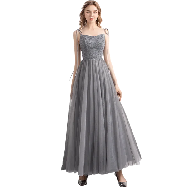 Chic / Belle Gris Robe De Bal 2019 Princesse Bretelles Spaghetti Noeud Perlage Paillettes Sans Manches Dos Nu Longueur Cheville Robe De Ceremonie