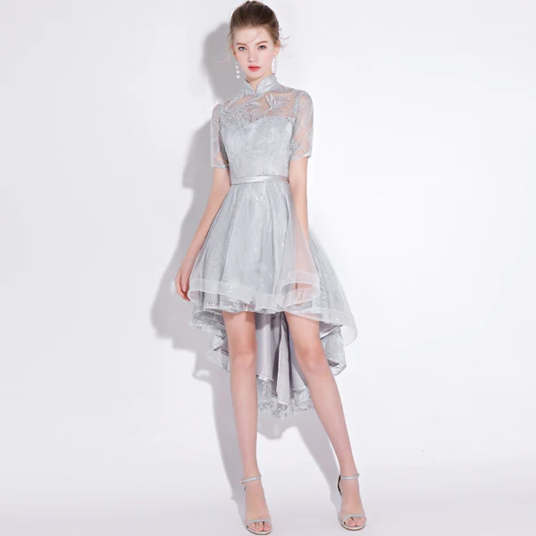 Chic / Belle Argenté Robe De Cocktail 2018 Princesse En Dentelle Fleur Ceinture Paillettes Col Haut Manches Courtes Asymétrique Robe De Ceremonie