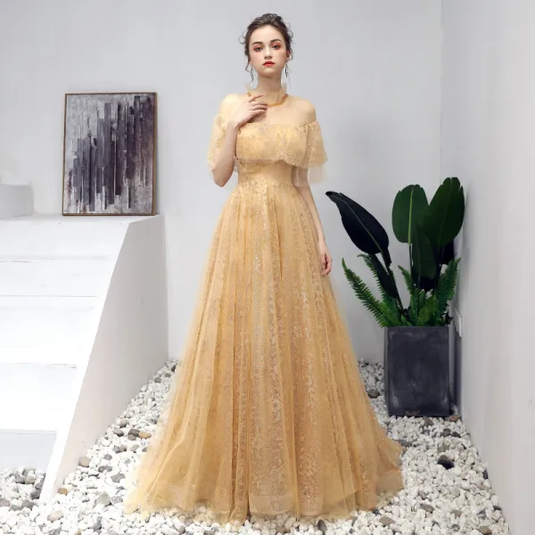 Chic / Beautiful Gold Prom Dresses 2019 A-Line / Princess Scoop Neck Sequins Crystal Short Sleeve Backless Floor-Length / Long Formal Dresses