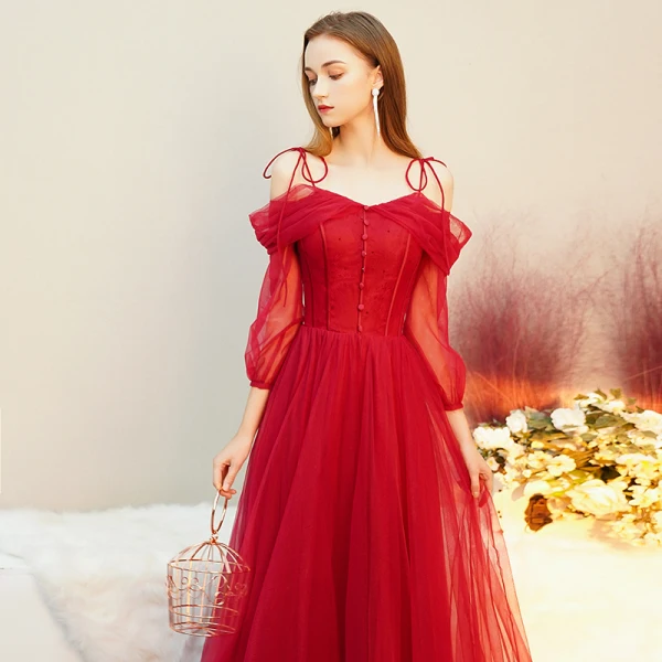 Chic / Belle Rouge Robe De Soirée 2019 Princesse Bretelles Spaghetti Noeud Dos Nu 3/4 Manches Longue Robe De Ceremonie