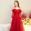 Chic / Belle Rouge Robe De Soirée 2019 Princesse Bretelles Spaghetti Noeud Dos Nu 3/4 Manches Longue Robe De Ceremonie