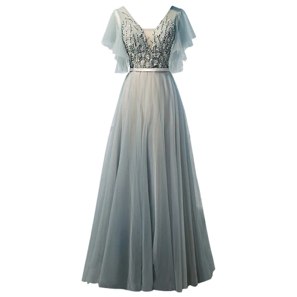 Chic / Beautiful Sage Green Prom Dresses 2019 A-Line / Princess V-Neck Beading Sequins Lace Flower Short Sleeve Backless Bow Floor-Length / Long Formal Dresses