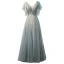 Chic / Beautiful Sage Green Prom Dresses 2019 A-Line / Princess V-Neck Beading Sequins Lace Flower Short Sleeve Backless Bow Floor-Length / Long Formal Dresses