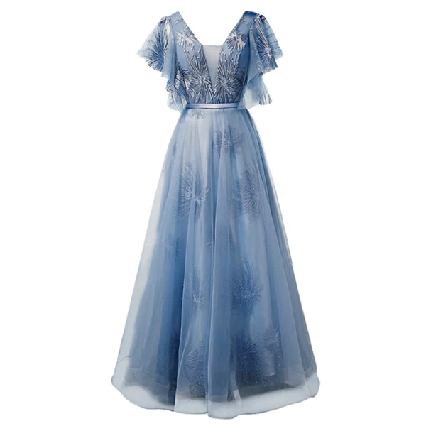 Chic / Beautiful Pool Blue Prom Dresses 2019 A-Line / Princess V-Neck Lace Short Sleeve Backless Bow Floor-Length / Long Formal Dresses