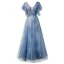 Chic / Beautiful Pool Blue Prom Dresses 2019 A-Line / Princess V-Neck Lace Short Sleeve Backless Bow Floor-Length / Long Formal Dresses