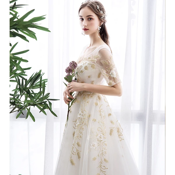 Abordable Ivoire Robe De Mariée 2019 Princesse V-Cou Paillettes En Dentelle Fleur Manches Courtes Dos Nu Train De Balayage