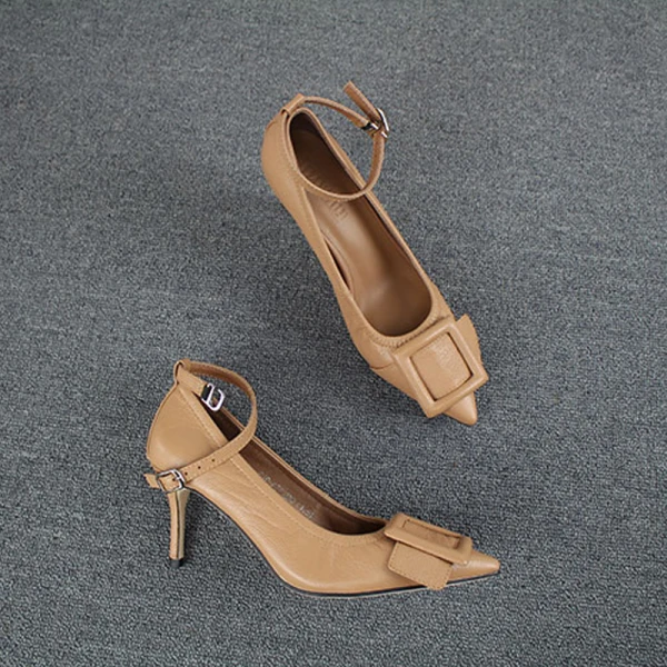 Fine Khaki Casual Damesko 2019 Lær Ankelstropp Spenne 7 cm Stiletthæler Spisse Pumps