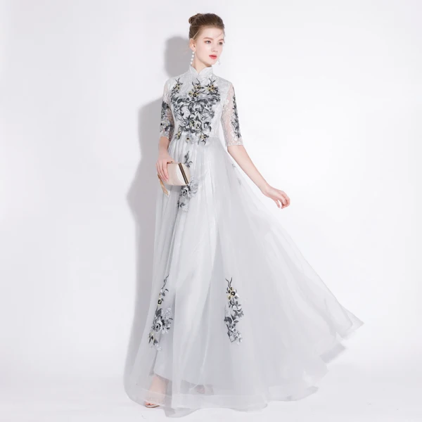 Chic / Beautiful Grey Evening Dresses 2018 A-Line / Princess Lace Appliques High Neck 1/2 Sleeves Floor-Length / Long Formal Dresses