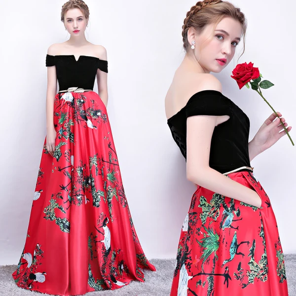 Chic / Beautiful Red Evening Dresses 2018 A-Line / Princess Metal Sash Printing Off-The-Shoulder Backless Sleeveless Floor-Length / Long Formal Dresses