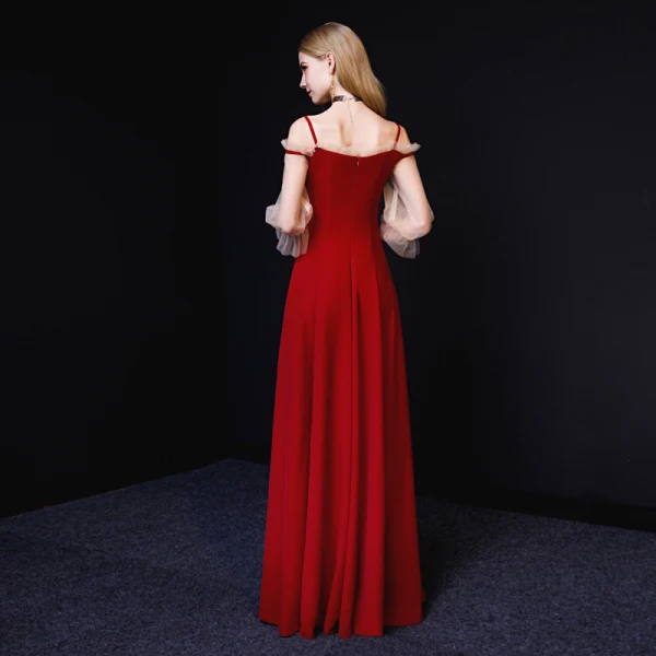 Chic / Belle Bordeaux Robe De Soirée 2019 Princesse Bretelles Spaghetti 3/4 Manches Dos Nu Longue Robe De Ceremonie
