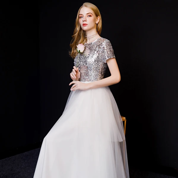 Chic / Belle Blanche Robe De Soirée 2019 Princesse Encolure Dégagée Paillettes Manches Courtes Longue Robe De Ceremonie