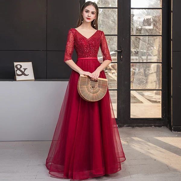 Chic / Beautiful Burgundy Evening Dresses  2019 A-Line / Princess V-Neck Lace Sequins 1/2 Sleeves Backless Floor-Length / Long Formal Dresses