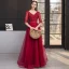 Chic / Beautiful Burgundy Evening Dresses  2019 A-Line / Princess V-Neck Lace Sequins 1/2 Sleeves Backless Floor-Length / Long Formal Dresses