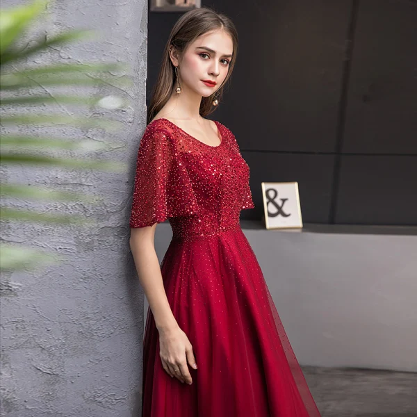 Charming Burgundy Evening Dresses  2019 A-Line / Princess Scoop Neck Sequins Short Sleeve Backless Floor-Length / Long Formal Dresses
