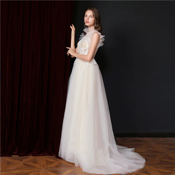 Vintage / Retro Champagne Lace Flower Prom Dresses Wedding Dresses 2021 A-Line / Princess High Neck Sleeveless Sweep Train Formal Dresses